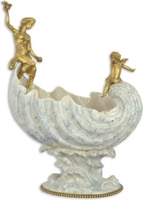 Produktbild von Casa Padrino Jugendstil Porzellan Schüssel mit Bronzefiguren Weiß / Blau / Gold 36,1 x 20,2 x H. 49 cm - Barock & Jugendstil Deko Accessoires