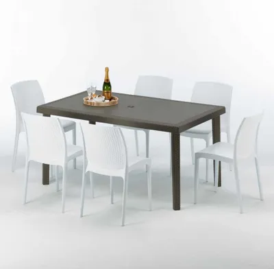 Produktbild von Polyrattan Tisch Rechteckig mit 6 Bunten Stühlen 150x90 Braun Focus