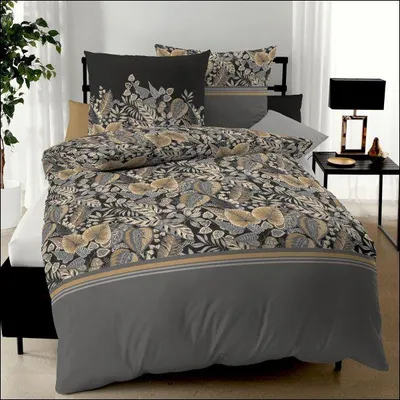 Produktbild von Kaeppel Jersey Bettwäsche in 135x200 + 80x80 cm Tika 11310 grau schwarz Blätter