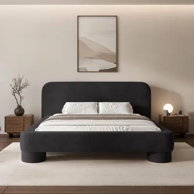 Productafbeelding van Gestoffeerd bed Frederico 180x200 cm, zwart, chenille – Tweepersoonsbed met opbergruimte, lattenbodem en rond hoofdeinde