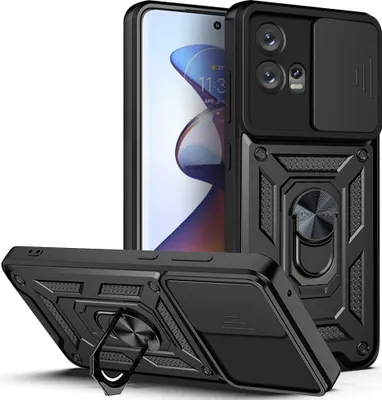 Produktbild von Motorola Edge 30 Fusion Hülle mit Ring Ständer Halter Dia Kameraschutz TPU PC Schutzhülle für Motorola Edge 30 Fusion Schwarz