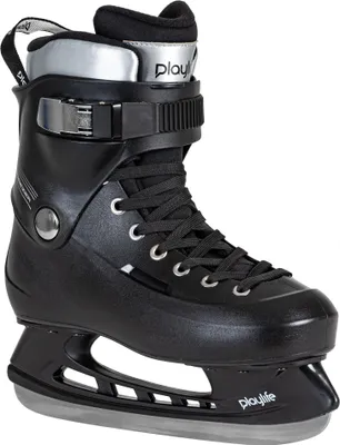 A studio shot of a single black ice skate.