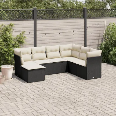 Produktbild von Design 7-tlg. Garten-Sofagarnitur mit Kissen Schwarz Poly Rattan, Gartenmöbel-Sets 2024 Neu