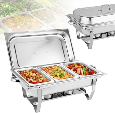 Zdjęcie produktu dla 9L Podgrzewacz do potraw Podgrzewacz bufetowy 3x wkłady Pojemnik do podgrzewania potraw ze stali nierdzewnej Zestaw podgrzewaczy do cateringu w formie bufetu i na imprezę