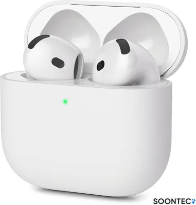 A pair of white wireless earbuds in their charging case.