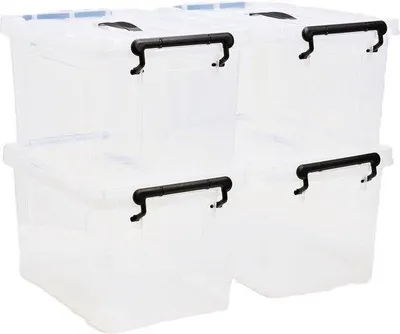 Immagine prodotto di Contenitori impilabili trasparenti in plastica con coperchio - contenitori trasparenti e impilabili con maniglia e coperchio di chiusura - Dimensioni: 533 x 381 x 254 mm - Confezione da 4 pezzi