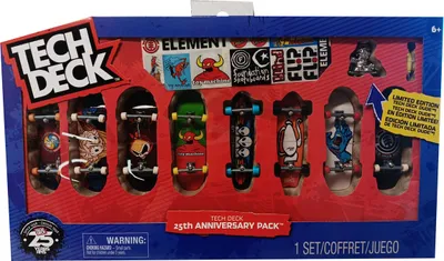 A box containing multiple Tech Deck fingerboards and stickers.