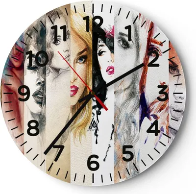 Produktbild von Wanduhr - Rund - Glasuhr - Frauen Schönheit Dame Illustration - 30x30cm - Schleichendes Uhrwerk - Lautlos - zum Aufhängen bereit - Dekoration Modern - Wanddekoration aus Glas - C4AR30x30-3012