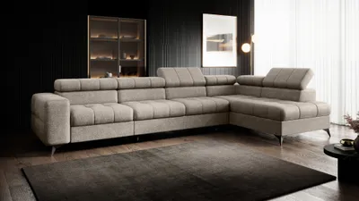 Produktbild von Ecksofa PUDDING MAXI Breite 350cm L-form Ecke mit einstellbare Kopfstützen und Schlaffunktion, Farbe  BEIGE Infinity 02 Stoff , Couchgarnitur, Sofagarnitur, Schlafsofa, Wohnzimmer sofa mit Bettkasten