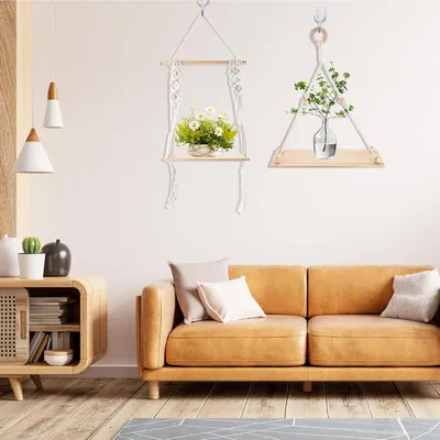 Produktbild von Boho-Wandregal - handgewebtes dekoratives Hängeregal - 2 Stück - natürliches Holz