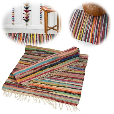 Produktbild von LS-LebenStil Fleckerlteppich Dehli 90x60cm Teppich Bunt Baumwolle Boho Flickenteppich Fransen  Regenbogen Farben Wohnzimmer Flur Kinderzimmer