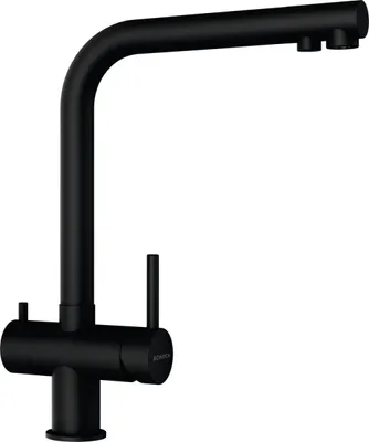 A black kitchen faucet against a white background.
