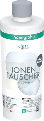 A product shot of a bottle of Hansgrohe ion exchanger filter.