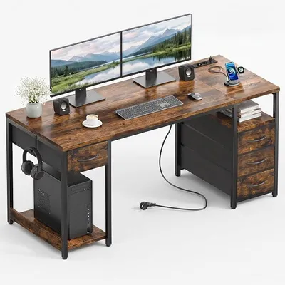 Imagen del producto de Escritorio con 4 cajones, mesa de ordenador de 140 cm con enchufes y puertos USB A/C, soporte para CPU, compartimento de almacenamiento. Escritorio de oficina resistente, ideal para PC, oficina, salón, espacio de trabajo en casa o para juegos. Color marrón