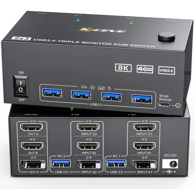 Zdjęcie produktu dla Przełącznik KVM obsługujący 2 komputery, 3 monitory, rozdzielczość 8K przy 60 Hz, 4 porty USB 3.0, w zestawie pilot i kable