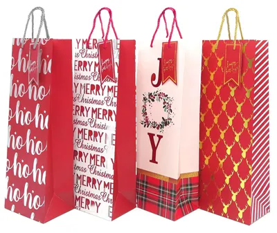 Productafbeelding van 12 Kerstcadeau Zakjes voor Flessen met Handvatten