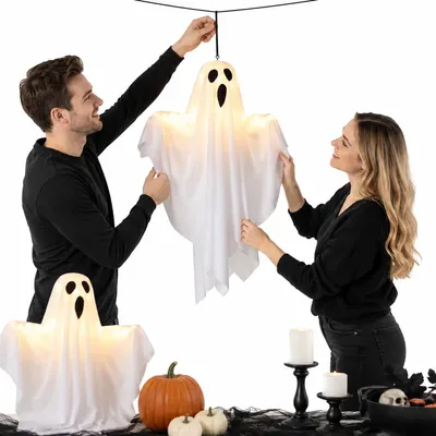 Produktbild von 4er Set Halloween Deko LED Geister, hängende Halloween Dekoration für außen, leuchtende Geist Figuren für Garten, Tür, Fenster und Party