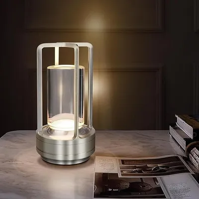 Produktbild von Kabellose dimmbare LED Touch Tischlampe Lampe,3-Farben Stufenlos Dimmbar,Wohnzimmer Nachttischlampen,USB wiederaufladbar Campinglampen,Silber