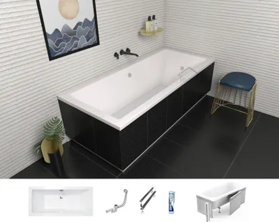 Produktbild von ECOLAM Badewanne Wanne Rechteck Besco-Q Design Acryl weiß 170x75 cm + Styroporverkleidung zum Verfliesen + Ablaufgarnitur Ab- und Überlauf Automatik Füße Silikon