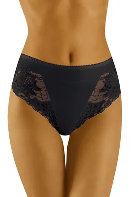 A woman's torso and upper thighs are shown, wearing black lace-trimmed high-waisted underwear.