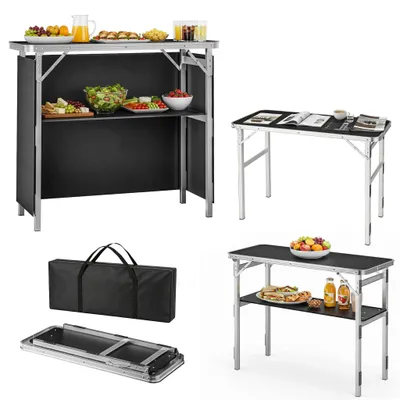 Produktbild von ROSEJANE Faltbare Messetheke 98 x 38 x 85 cm, Klapptisch mit 2 Ebenen, Oxford-Stoffblende und Tragetasche, mobiler Präsentationstisch für Messe, Promotion & Camping