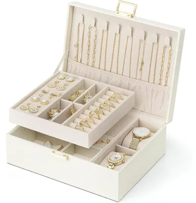 Produktbild von Schmuckkästchen 2 Ebenen Leder Beige mit 2 Uhrenkissen für Damen Mädchen