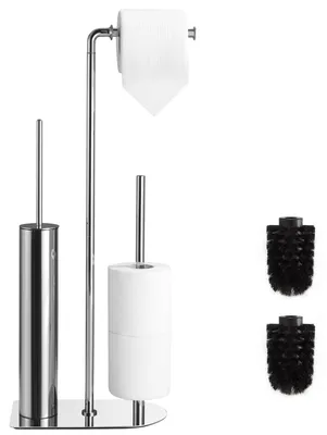 Produktbild von Toilettenpapierhalter mit Toilettenbürste und Aufbewahrungsmöglichkeit, freistehender Toilettenpapierhalter für Badezimmer und Gästetoiletten, schwarzes Edelstahl-Toilettenset, rostfrei und ohne Bohren (Chrom).