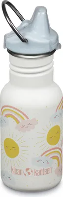 A white Klean Kanteen bottle with a rainbow and sun pattern, featuring a sippy cap.