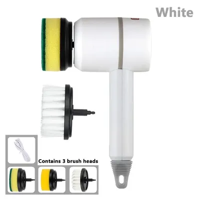 Produktbild von Elektrische Reinigungsbürste 3-in-1, USB-aufladbar mit 3 austauschbaren Bürstenköpfen für Küche, Bad, Fliesen und Waschbecken - Weiß