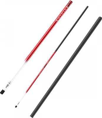 Three fishing rods of varying lengths and colors are laid out diagonally on a white background.