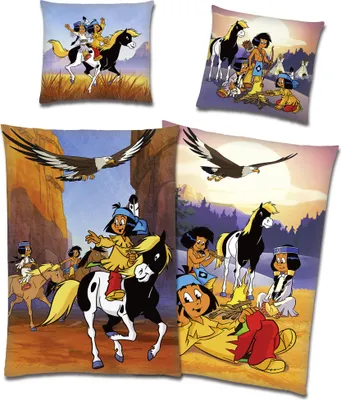 A collage of four pillow covers featuring cartoon characters in Native American attire, riding horses, and interacting around a campfire, with eagles flying overhead.