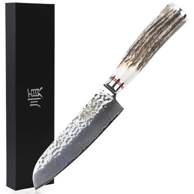 Santoku-Messer 5 Zoll, Damaststahl, Geweihgriff