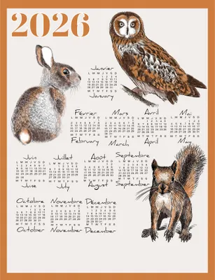 Produktbild von Geschirrtuch Kalender 2026 mit Gartentiermotiven aus Baumwolle