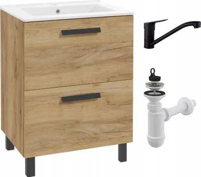 Productafbeelding van Stamar wastafel met onderkast, vrijstaand, 60 x 47 cm, Craft Gold eikenhout, mat, soft-close lades | Badkamer meubelset met keramisch wastafel en zwarte afwerking