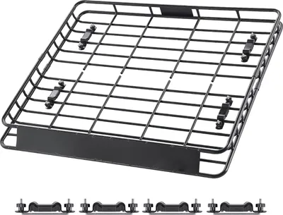 A black roof rack basket and its mounting accessories are shown against a white background.