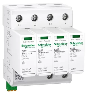 Produktbild von Schneider Electric Kombiableiter, Acti9 iPRD1 C25r, Typ 1+2, Schutzmodule steckbar, 3P+N, Iimp 25kA, kompakt 4TE, FM-Kontakt A9L1C625