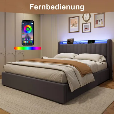 Produktbild von okwish 160×200 Polsterbett mit LED-Licht und Stauraum-Kopfteil, Jugendbett mit Steckdosen und Bettkasten,Boxspringbett in Grau,ohne Matratze