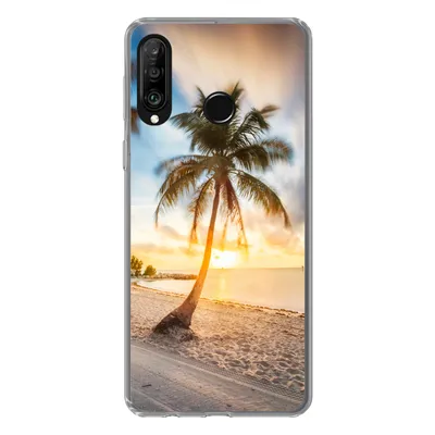 Produktbild von MuchoWow® Handyhülle Schutzhülle Hülle für Huawei P30 Lite Sonnenuntergang - Strand - Palme Silikon Softcase Handy Hülle - Handyhülle