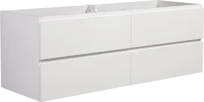 A white vanity cabinet with two drawers on top and two drawers on the bottom, shown from a three-quarter angle.