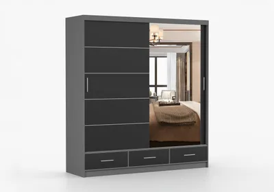 Produktbild von FRENCE Schwebetürenschrank 203 cm, 2-türig,  Grau/Schwarz Matt , Kleiderschrank mit Spiegel, Schubladen & Einlegeböden