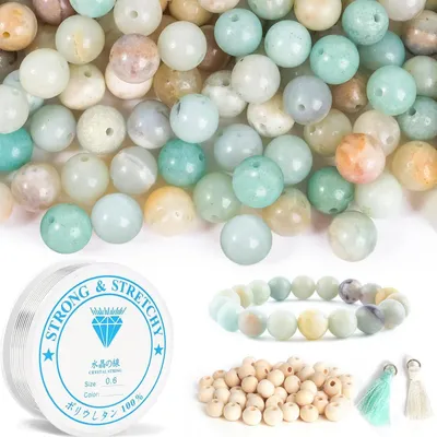 Obrázok produktu pre Sada korálok z amazonitu a dreva, 8 mm, na navliekanie do šperkov, DIY, 90 + 50 korálok, 2 retiazky, elastická niť