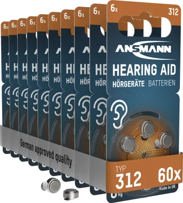 A multi-pack of Ansmann hearing aid batteries in their original packaging.