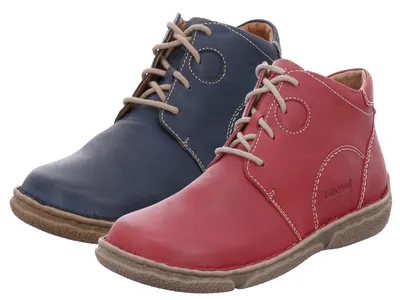 Two children's boots, one red and one blue, are shown against a white background.