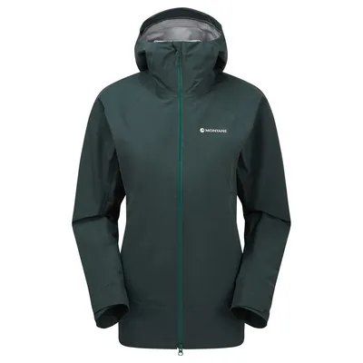 Dunkelgrüne Hardshelljacke für Damen von Montane mit Kapuze und Reißverschluss.