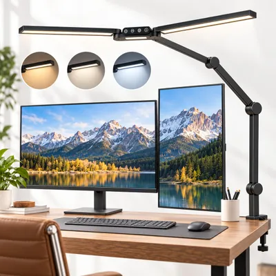 Image de Lampe de bureau LED avec pince, 95 cm, 24W, double tête, bras articulé, idéale pour les architectes, 5 températures de couleur, indice de rendu des couleurs (IRC) de 90, réglage automatique de la luminosité, respectueuse des yeux, pour bureau