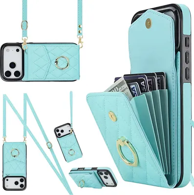 Immagine prodotto di Custodia crossbody in ecopelle per Apple iPhone 17 Pro con motivo a rombi e tasca per schede RFID Turchese