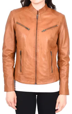 Productafbeelding van Leren Motorjack voor Dames - Met 4 Ritszakken - Bruin