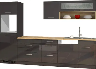 Produktbild von Küche mit Geschirrspüler 300 cm grau MARANELLO-03 , Anthrazit Hochglanz, ohne E-Geräte B x H x T ca. 300 x 200 x 60cm