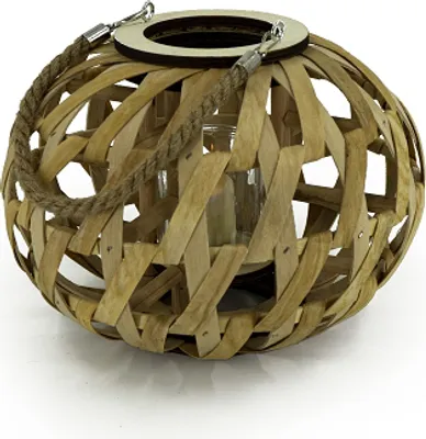 Produktbild von Windlicht S, Holz, naturfarben, bauchig, mit Jutehenkel, mit Glaseinsatz 8x8cm