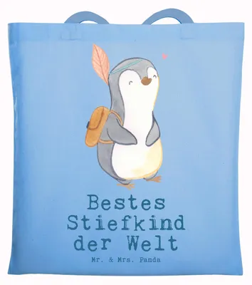 Produktbild von Mr. & Mrs. Panda Schultasche Pinguin Bestes Stiefkind der Welt - Sky Blue - Geschenk, Kinder, Tochter, Geschenkidee, Kids, Jutebeutel, canvas tasche, Beutel, Tote Bag